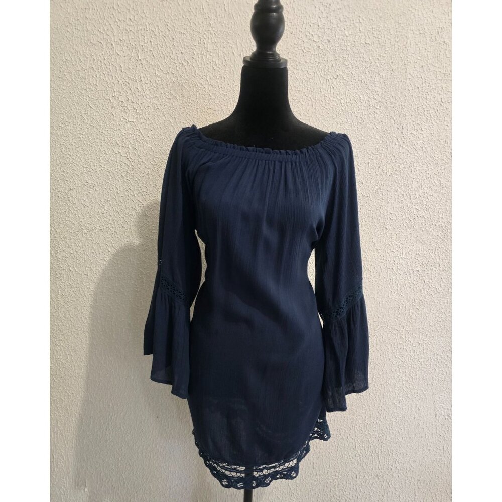 Flying Tomato navy Off-Shoulder Bell Sleeve Boho Tunic Top M Womens cottagecore